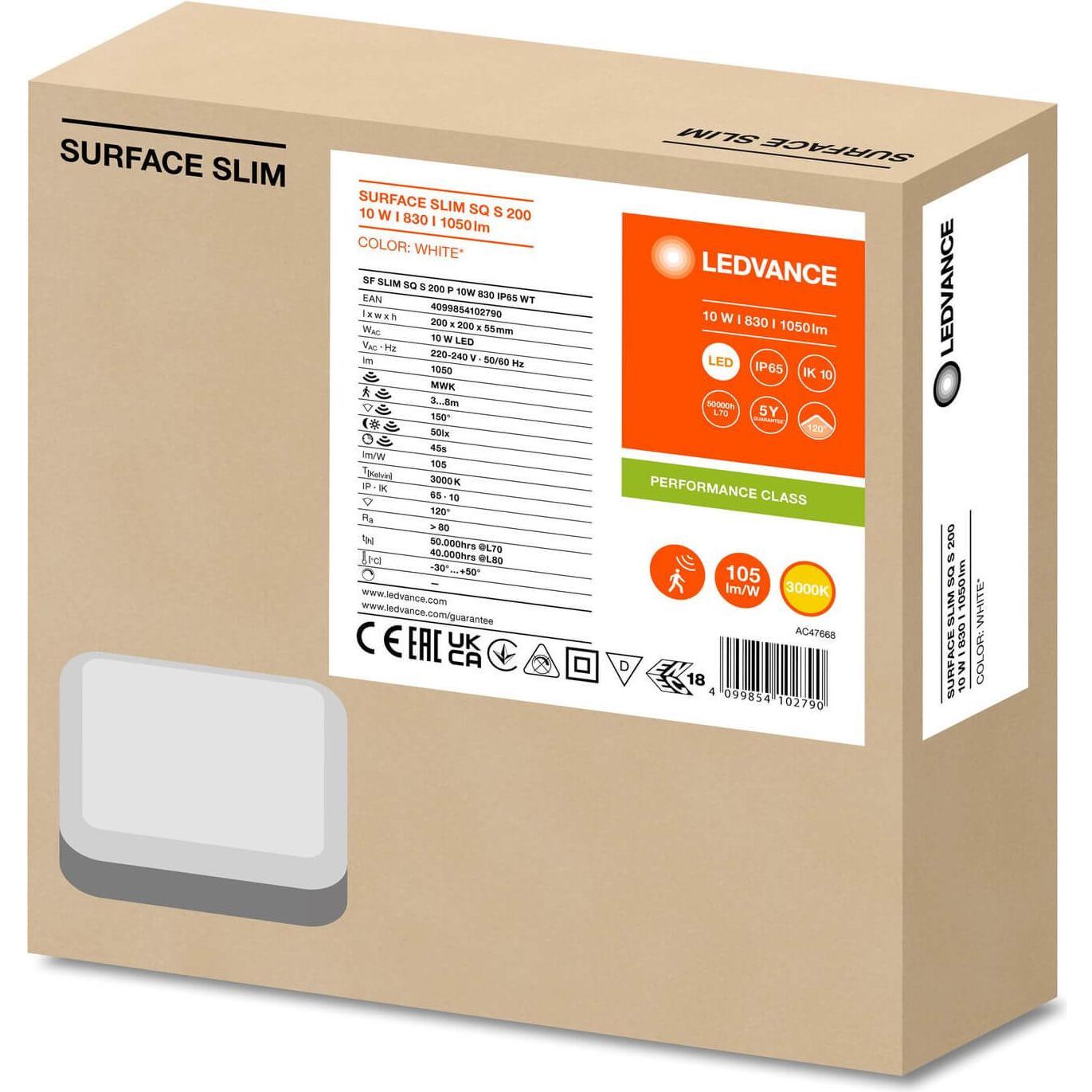 Thumbnail - Ledvance, Fassadenbeleuchtung, SURFACE SLIM Wand-/Deckenleuchte IK10 200 Sensor 10W 830 weiss IP65 (1050 lm, IP65)