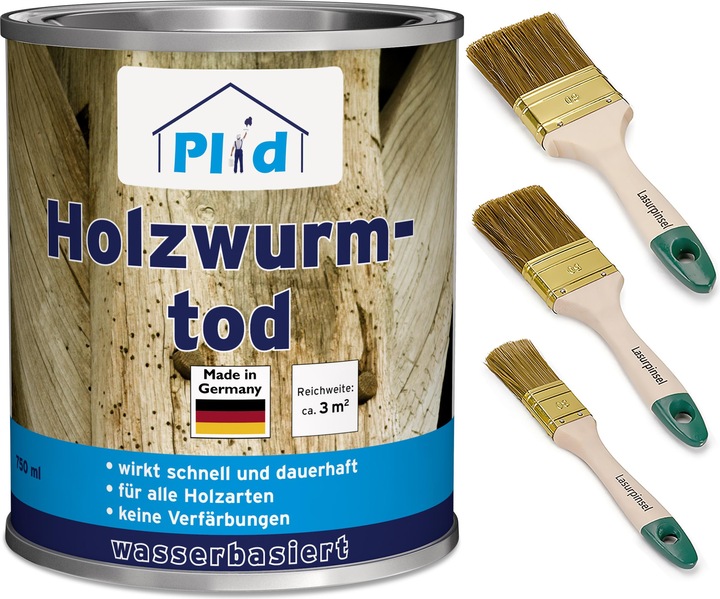 Produktbild Plid Holzwurmtod 0,75l für ca. 3m² + Pinselset 3-tlg. / Holzschutz Holzwurmbekämpfung (Farblos, 0.75 l)