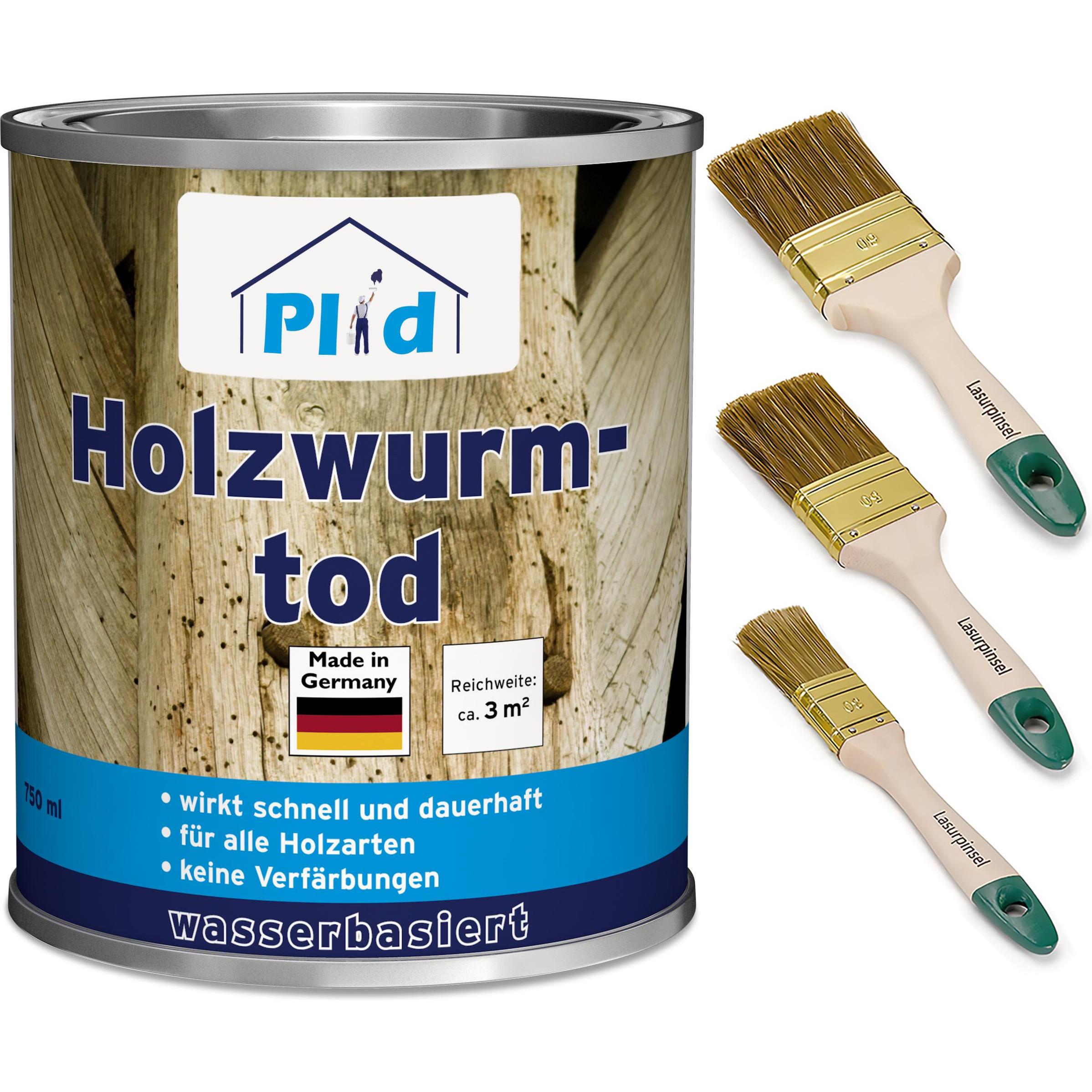 Plid, Holzschutz + Holzpflege, Holzwurmtod 0,75l für ca. 3m² + Pinselset 3-tlg. / Holzschutz Holzwurmbekämpfung (Farblos...