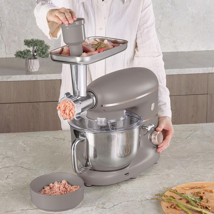 Produktbild BerlingerHaus Design Küchenmaschine inkl. Fleischwolf & 3 Pasta-Aufsätze, 1500W, taupe (5.50 l, 1500 W)