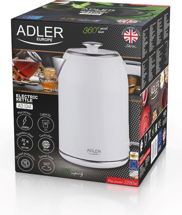 Produktbild Adler AD 1341 Electric, 2200 W, 1.7 L, Stainless steel, 360 ° rotational base, White (1.70 l)
