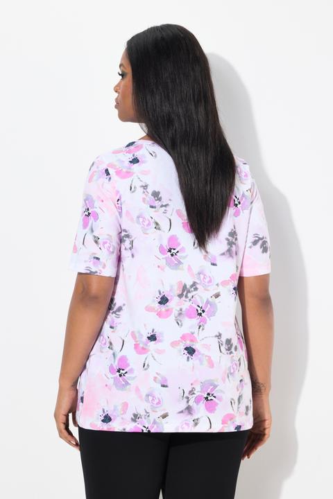 Immagine prodotto Ulla Popken T-shirt dal taglio svasato in cotone Pima con fiori, scollo a girocollo e mezze maniche (42, 44)