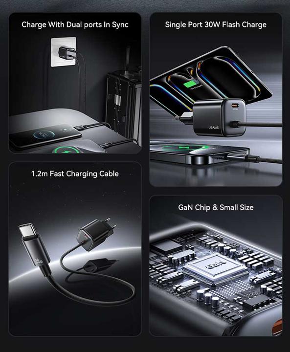 Produktbild Usams Ładowarka sieciowa JC Series CC264 30W GaN Mini Fast Charger 2xUSB-C czarny (30 W, 2 Ports)