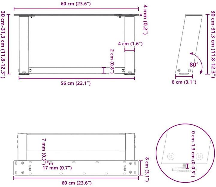 Immagine prodotto vidaXL Gambe del tavolino a U 2 pezzi nero 60x(30-31) cm gamba del tavolo in acciaio