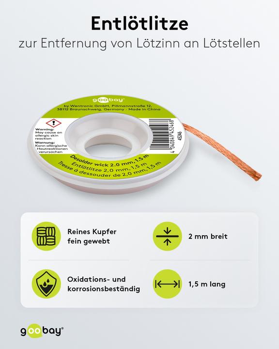 Image du produit Goobay Tresse à dessouder 2 mm pour enlever l'étain de soudure aux points de soudure 1,5 m (tresses à dessouder)