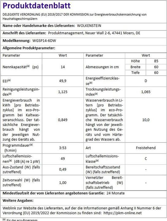 Nährwerte und Zutaten Wolkenstein Geschirrspüler WGSP14-6DW