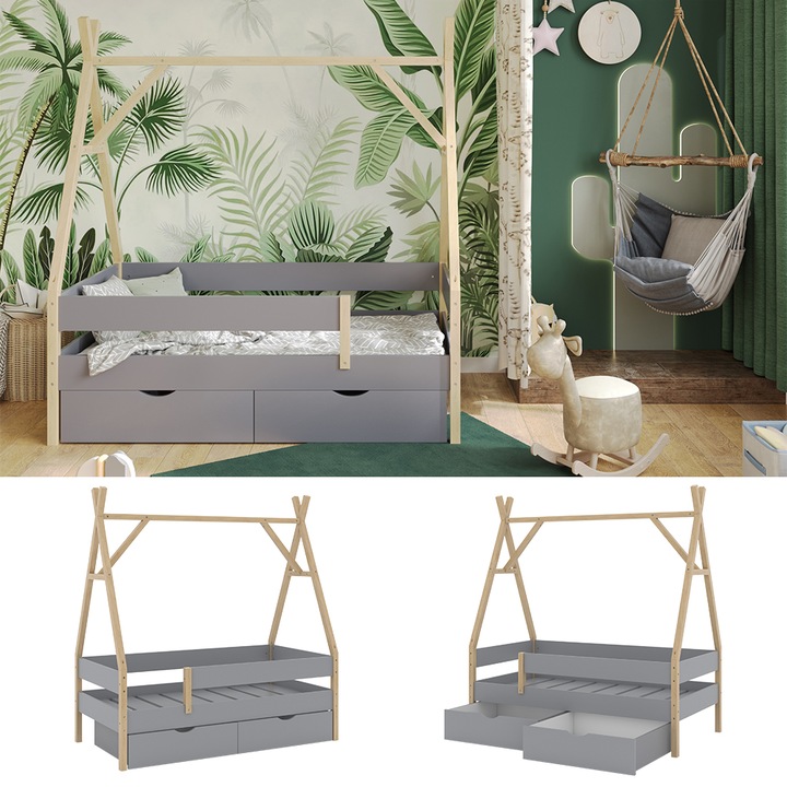 Produktbild VitaliSpa Tipi-Bett Bali, Grau, 80x160 cm mit 2 Schubladen (80 x 160 cm)