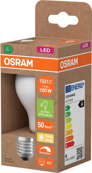 Immagine prodotto Osram LED-Lampe Classic, dimmbar, E27, 7,2 W, 2700 K, EEK: A, 1521 lm, IP20, warmweiss (E27, 7.20 W, 1521 lm, 1 x, A)
