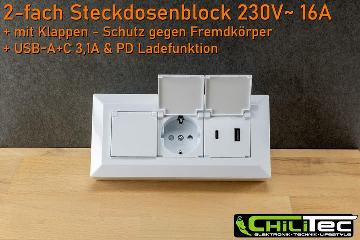 Produktbild Chilitec Steckdosenblock 23950, 2-fach, mit Schutzklappen, USB-A+C, weiss (2x, USB-A, USB-C)