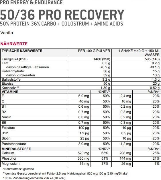 Nutritional values and ingredients Sponser Recovery (Strawberry, Banana, 1 x)