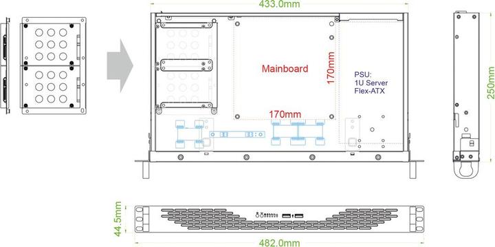 Actual product image Intertech IPC 1HU-K-125L 48,26cm 19inch 1RU IPC enclosure w. 1x 8,9cm 3,5inch int. o 2x 6,35cm 2,5inch i...