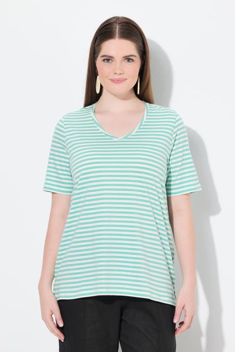 Image du produit Ulla Popken T-shirt rayé en coton bio. Col V et manches courtes (54)