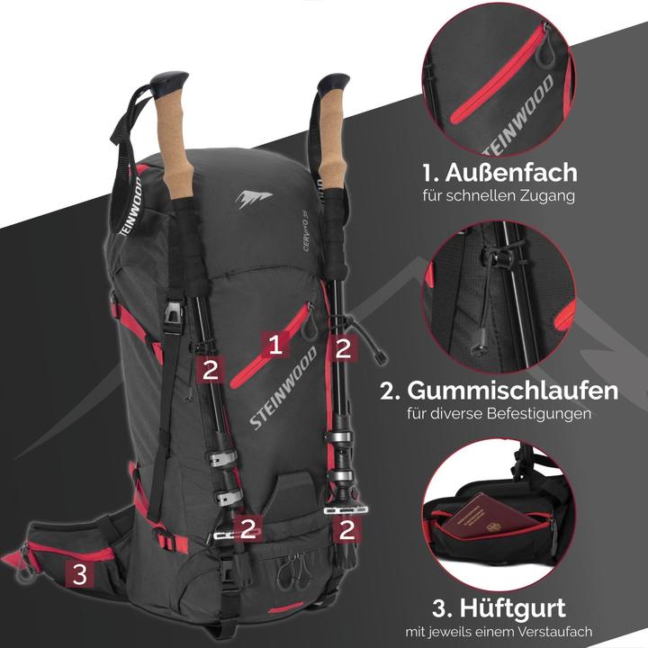 Immagine prodotto Steinwood Zaino da trekking 35L - Idrorepellente, con copertura antipioggia e ventilazione posteriore (36 l)