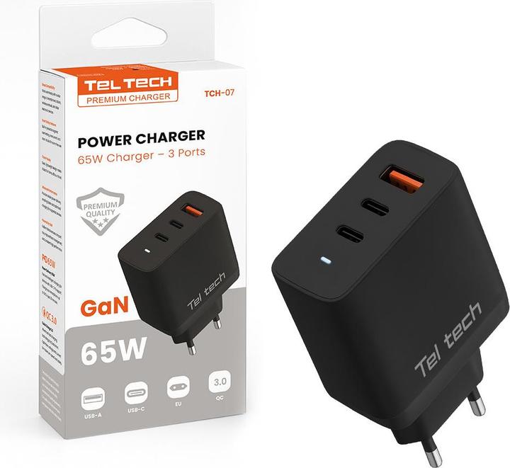 Teltech GAN WAND-LADEGERÄT 65W USB+2xTYPE-C SCHWARZ PD TT-TCH07 reg (65 W, 3 ports)