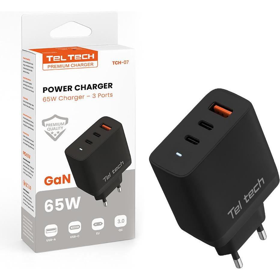 Teltech GAN WAND-LADEGERÄT 65W USB+2xTYPE-C SCHWARZ PD TT-TCH07 reg (65 W, 3 porte), Caricatore USB, Nero