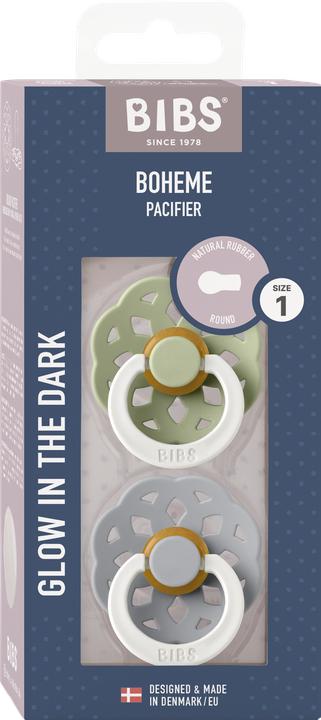 Produktbild Bibs Bohème Latex Schnuller (Grösse 1, 0-6 Monate), Sage GLOW & Cloud GLOW (2 x, bis 6 Monate)