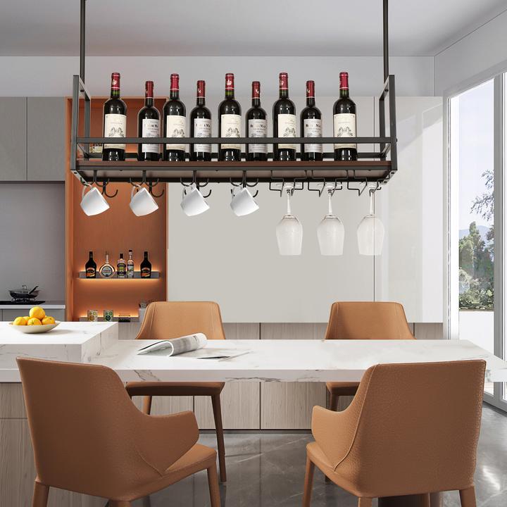 Actual product image En.Casa Weinregal mit Glashalterung Borejle 100x30x65 cm Schwarz/Walnussoptik