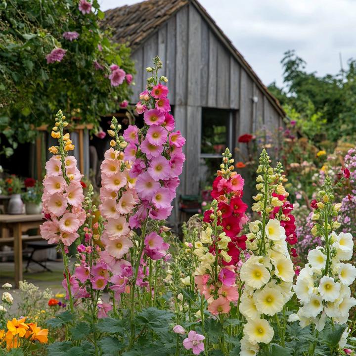 Immagine prodotto Plant in a Box Alcea rosea 'Spring celebrities' Rosso cremisi, limone, viola - miscela di 3 esemplari (25 cm)