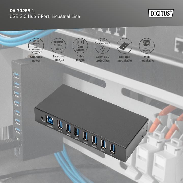 Produktbild Digitus USB 3.0 HUB, 7 Port, Industrial, Metal inkl. PSU 15-kV-ESD, Tisch-, Wand-, DIN-Schienenmontage (USB-C, 7 Ports)