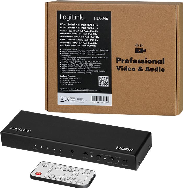 Actual product image LogiLink HDMI switch, 4x1 port, 4K/60 Hz, HDCP, HDR, ARC, Audio Extract, RC
