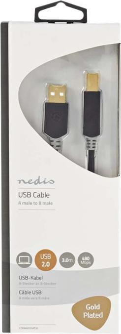 Produktbild Nedis USB-Kabel | USB 2.0 | USB-A Stecker | USB-B Stecker | 480 Mbps | Vergoldet | 3.00 m | rund | P (3 m, USB 2.0)