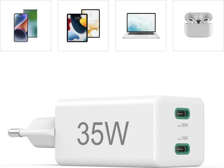 Image du produit Hama Chargeur rapide + câble, 2x USB-C, PD/QC, mini-chargeur, 35W, 1 m, blanc (35 W, 2 ports)