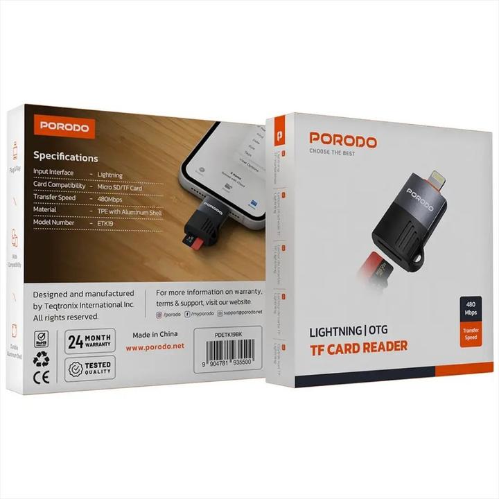 Produktbild Porodo Lightning OTG TF Kartenleser - Schwarz (Lightning, USB 2.0)