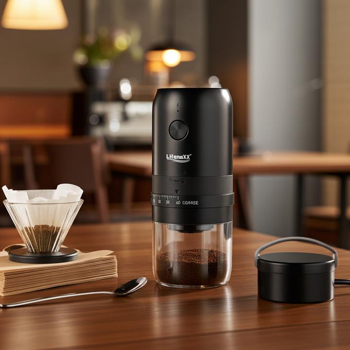 Actual product image LifenaXX Mobile Elektrische Kaffeemühle, kabellos, USB-C Akku-Betrieb, 8,3 x 8,3 x 18,6 cm