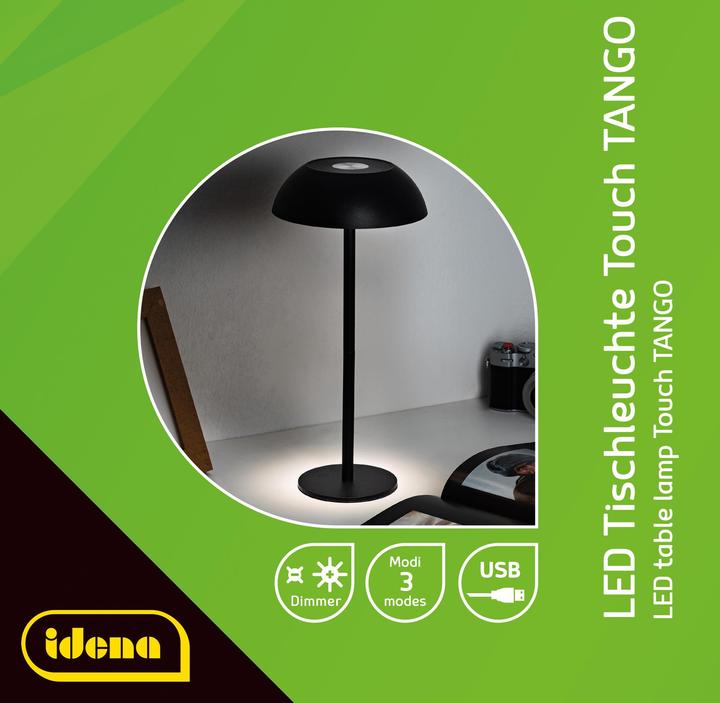 Actual product image Idena LED Tischleuchte Touch Tango Metall schwarz 15x33cm Akku USB dimmbar 3 Modi Innen
