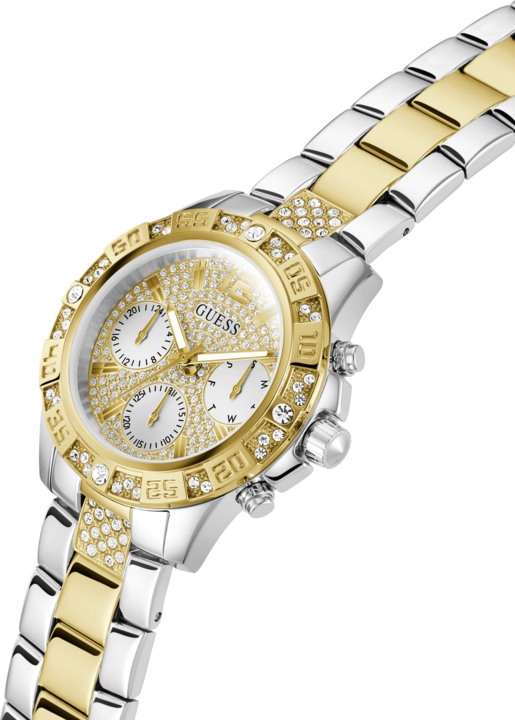 Produktbild Guess P SLV CS W/ P GLD TOP PART W/ CRYS / SUN WHT GLITZ MF DL / P SLV & GLD BRCT Armbanduhr (Uhr mit Schmuckstein, Analoguhr, 40 mm)