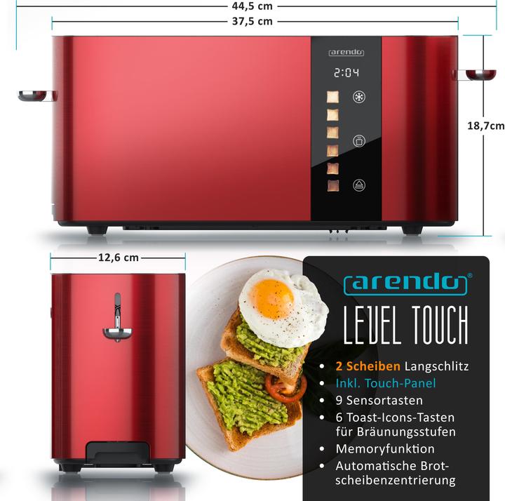 Image du produit Arendo Toaster Edelstahl 2 Scheiben Langschlitz, Touch Display, Bräunungsgrad & Restzeitanzeige, 1000 W