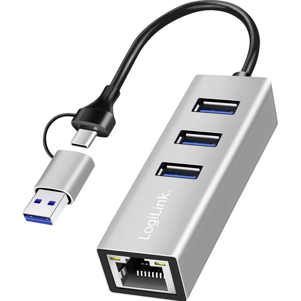 LogiLink UA0440 (USB-A, USB-C, 3 porte), Docking station + Hub USB, Argento