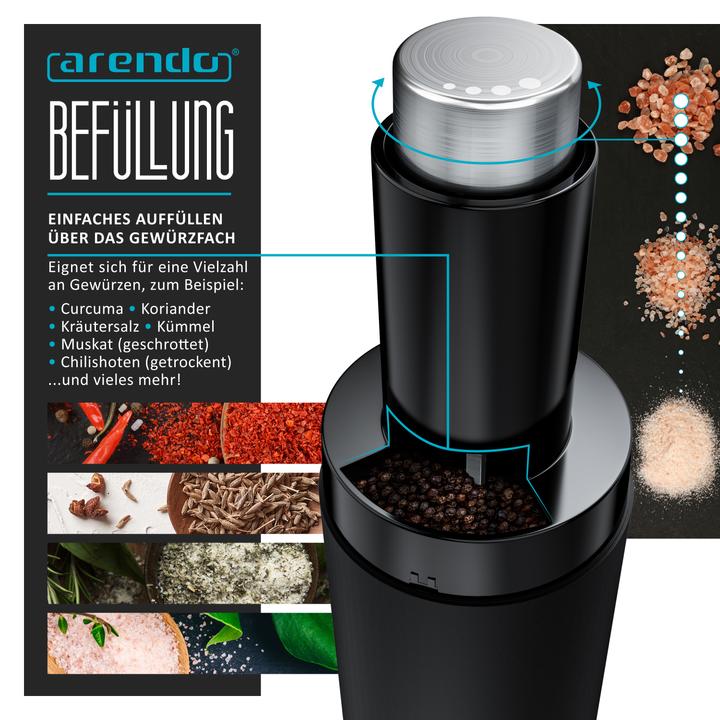 Produktbild Arendo Salz und Pfeffermühle elektrisch, Salzmühle & Pfeffermühle 2er Set, einhändig, Batteriebetrieben (Pfeffer, Salz)