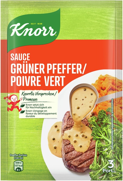 Produktbild Knorr Grüner Pfeffer Sauce Beutel, mit ganzen Pfefferkörnern, wunderbar crèmig, ideal für dunkles Fleisch (44 g)
