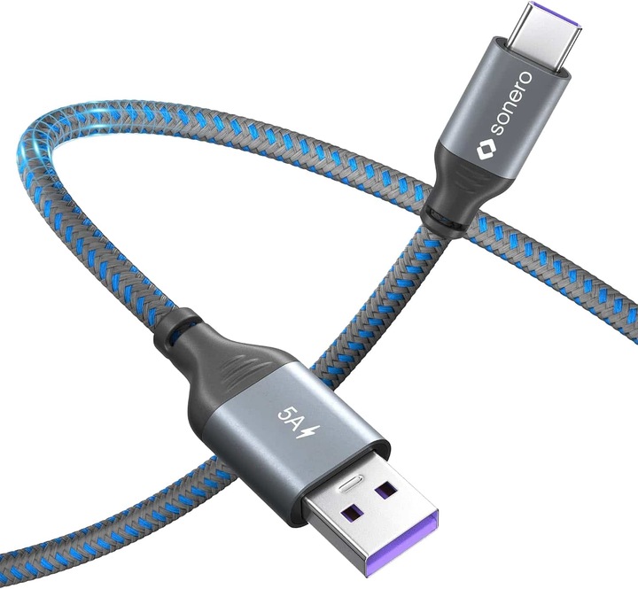 Immagine prodotto Sonero Cavo di ricarica da USB-C a USB-A - USB 2.0 Super-Fast Charge 5V/5A - grigio/blu - 1,50m (1.50 m, USB 2.0)