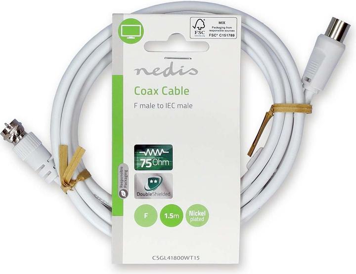 Produktbild Nedis Satelliten- und Antennenkabel | F Stecker | IEC (Coax) Stecker | Vernickelt | 75 Ohm | Doppelt (75 dB, SAT Kabel)