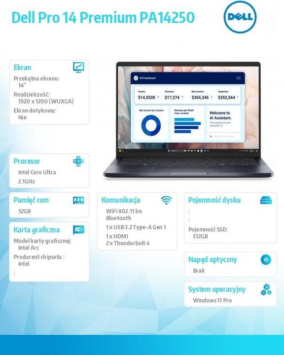 Produktbild Dell Pro 14 Premium PA14250 W11P Ultra 5 Laptop (14", 512 GB, 32 GB, US)