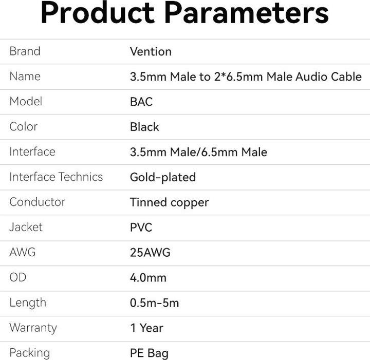 Nährwerte und Zutaten Vention BACBJ Male TRS 3.5mm to 2x Male 6.35mm Audio Cable 5m Black (5 m)