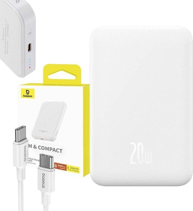Actual product image Baseus mini power bank 5000mAh 20W + USB-C cable (20V/3A) - white (5000 mAh, 20 W, 19250 Wh)