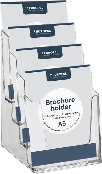 Europel Tisch-Prospekthalter, A5 hoch, 4 Fächer, glasklar für Format DIN A5, aus Polystyrol, Fachtiefe: 25 (A5)