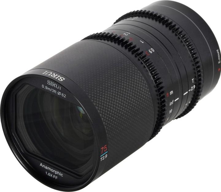 Immagine prodotto Sirui Saturn 75mm T2.9 1.6x E75B in fibra di carbonio con attacco E anamorfico per full-frame (flare blu) (Sony E, Full frame)