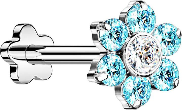 Image du produit Star Piercing Micro Threadless Labret fleur argenté fleur cristaux aqua (sans laiton, Titane)