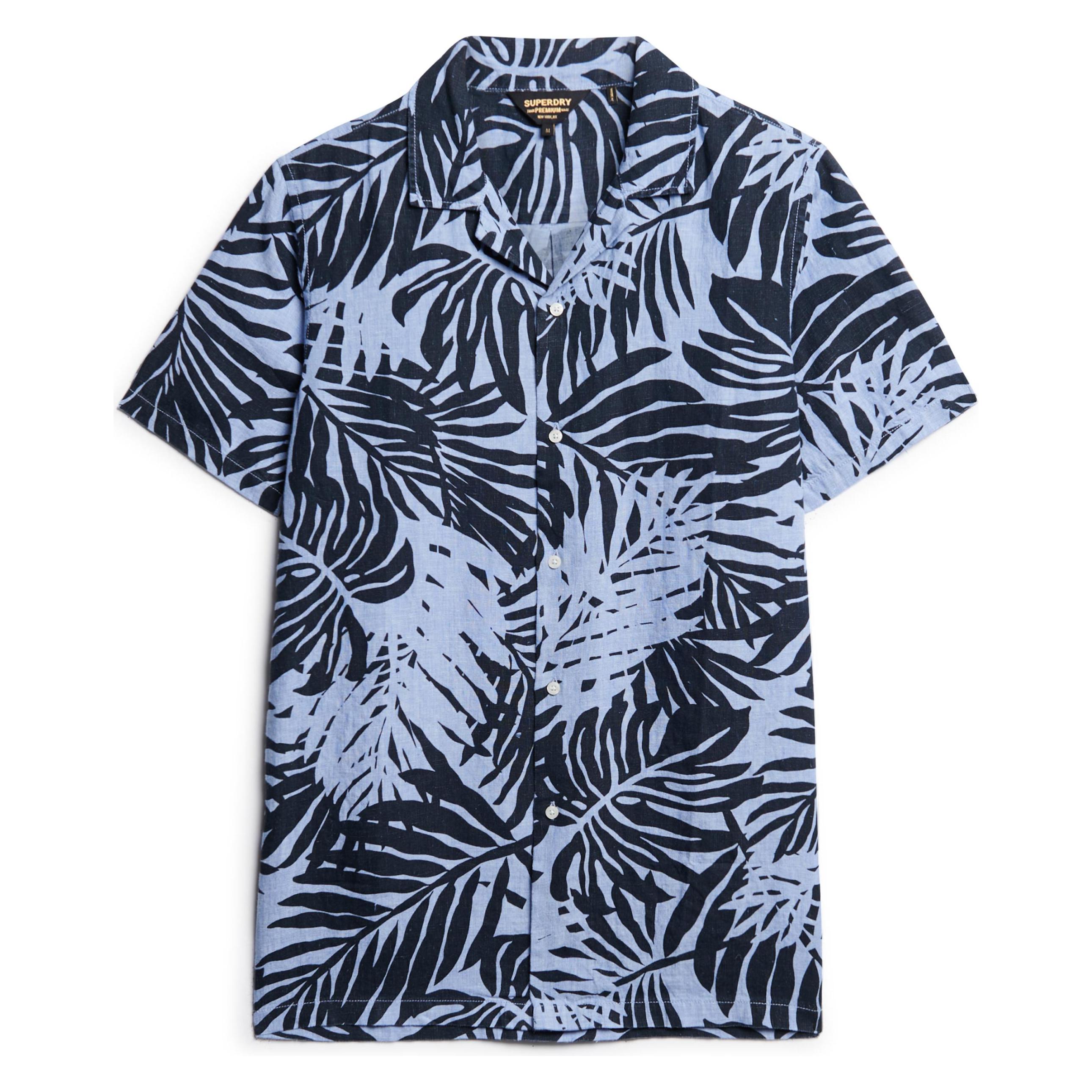 Superdry, Herren, Hemden, Leinenhemd Mit Offenem Kragen Und Print, Blau, (Xxl)
