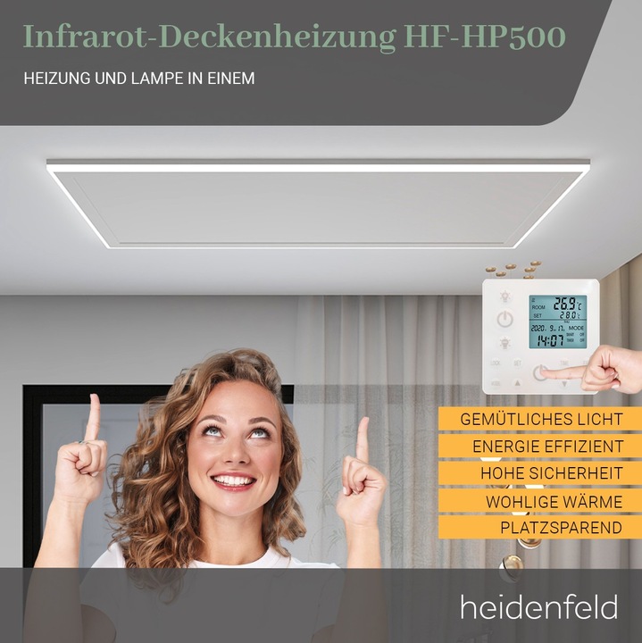 Produktbild Heidenfeld Infrarot Deckenheizung mit Licht 390-800 Watt Infrarotheizung LED (800 Watt Warmweiss) (800 W)