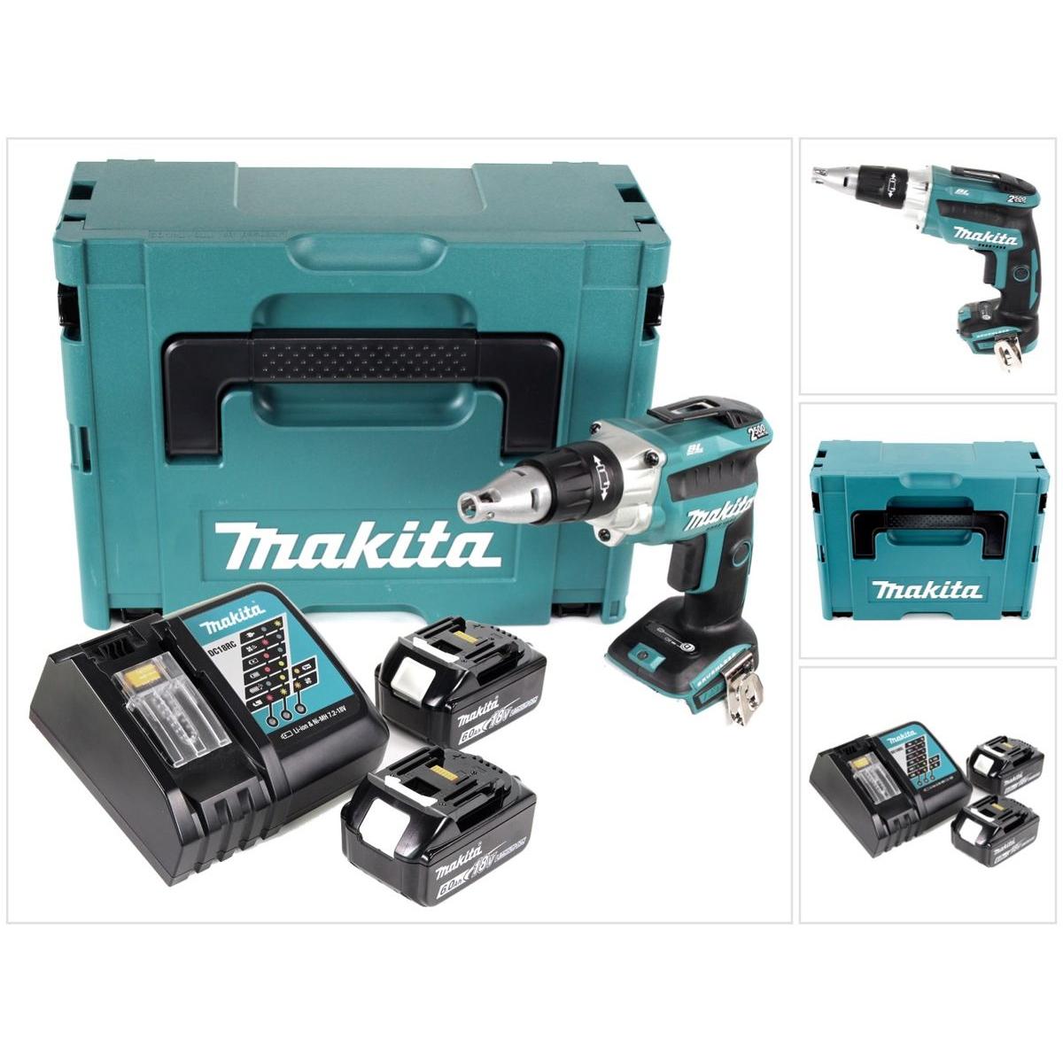 Makita, Bohrmaschine + Akkuschrauber, DFS 250 RGJ Akku Trockenbauschrauber 18 V Brushless + 2x Akku 6,0 Ah + Ladegerät +...