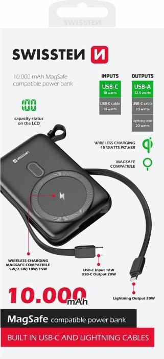 Immagine prodotto Swissten Power Bank 10000 Mah 20W (compatibile con Magsafe) con cavi integrati USB-C e Lightning (10000 mAh, 22.50 W, 38.50 Wh)