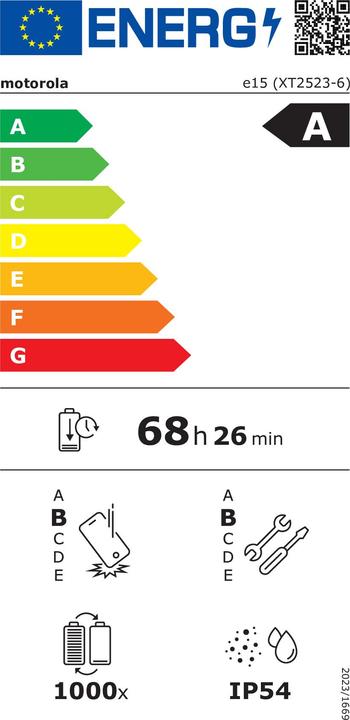 Etichetta energetica Motorola Moto E15 (64 GB, Azzurro Nebbioso, 6.67", Doppia SIM, 4G)
