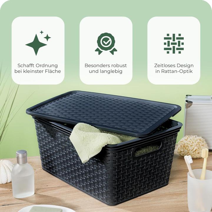 Produktbild Novaliv 4 Stück Elegante Aufbewahrungskörbe in Rattan-Optik | Schwarz Kunststoff 14L? für Büro und (14 l)