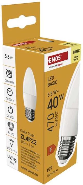 Actual product image Emos LED lamp Basic Candle / E27 / 5.5 W (40 W) / 470 lm / Warm white (E27, 470 lm, 1x)