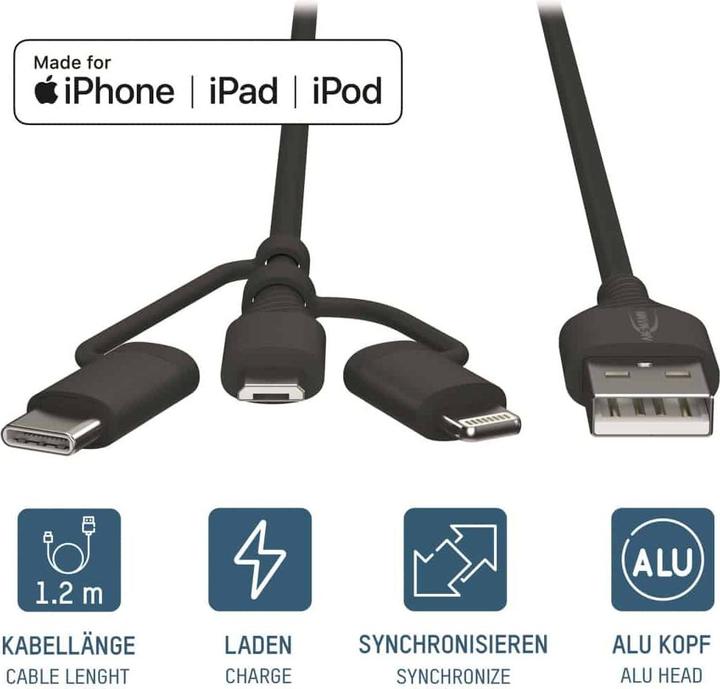 Actual product image Ansmann Data/charging cable USB 3in1 120cm (1.20 m, USB 2.0)